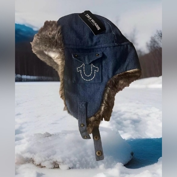 True Religion Blue Denim Trapper Hat with Faux Fur - Picture 1 of 14